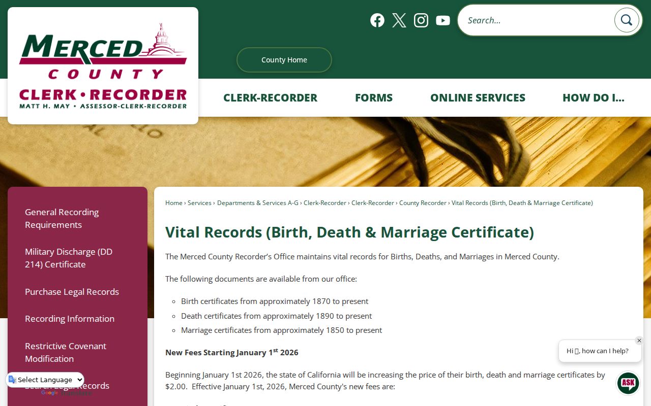 Los Banos previous residents Merced County vital record certificates and coverage