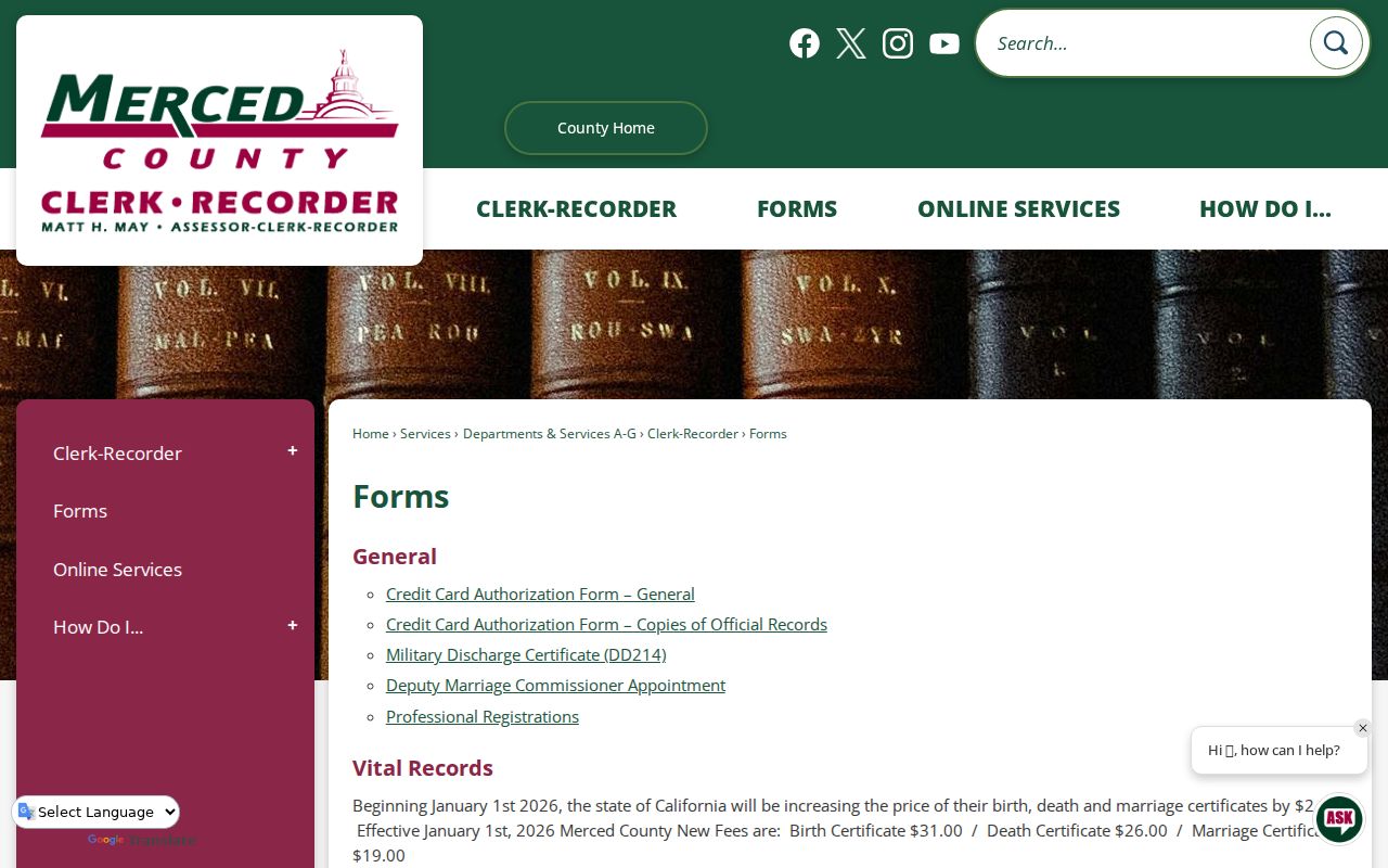 Los Banos resident lookup Merced County vital records forms